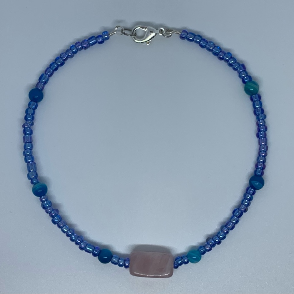 Blue Beaded Rose Quartz and Striped Agate Crystal